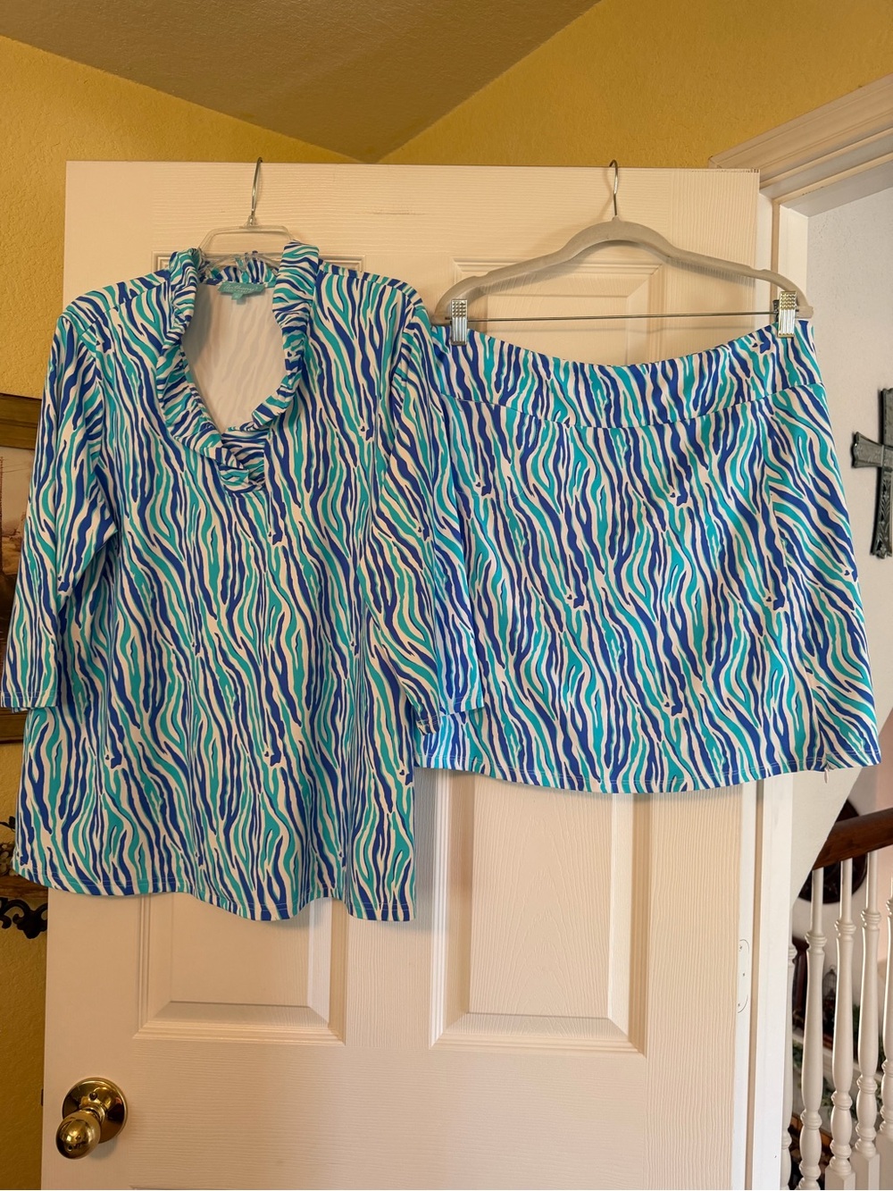 Lulu-B Turquoise, Blue & White Zebra-Print V-Neck Tunic with Matching Skirt